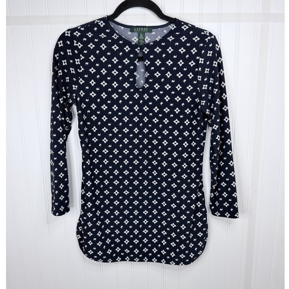 Lauren Ralph Lauren Top Women XS Navy Blue Geometric Keyhole Long Sleeve Blouse
